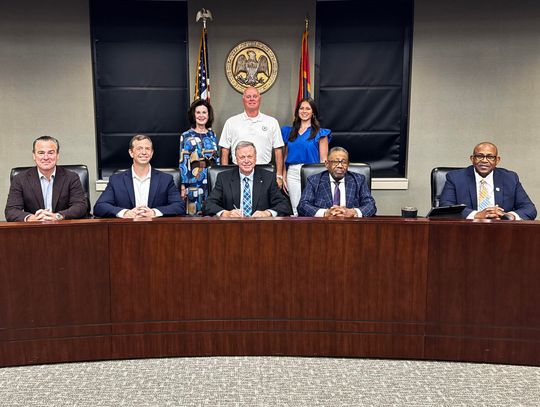 Pictured (l to r) are, front row: Supervisors Trey Baxter, Casey Brannon, Gerald Steen (president), Karl Banks and Paul Griffin; and back row: Jan Collins, MCBL&F; Sheriff Randy Tucker; and Ellis Wise, MCBL&F.