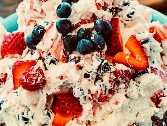 Berry Patriotic Cheesecake Fluff Salad is the easiest possible dessert to make for a Fourth of July gathering, but you wouldn’t know that from the creamy, delicious taste.