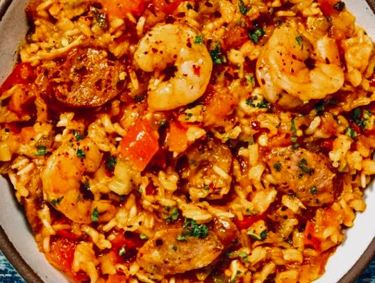 One-Pan Jambalaya is filled with meat, seafood, vegetables and rice. It's the perfect hearty winter (and Mardi Gras!) dinner.