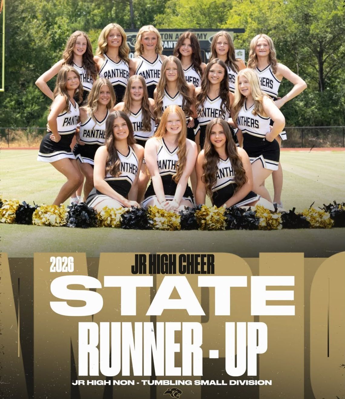 CA junior high cheerleaders earn second place at MAIS competition A cheerleading squad in matching uniforms poses together on a gym floor