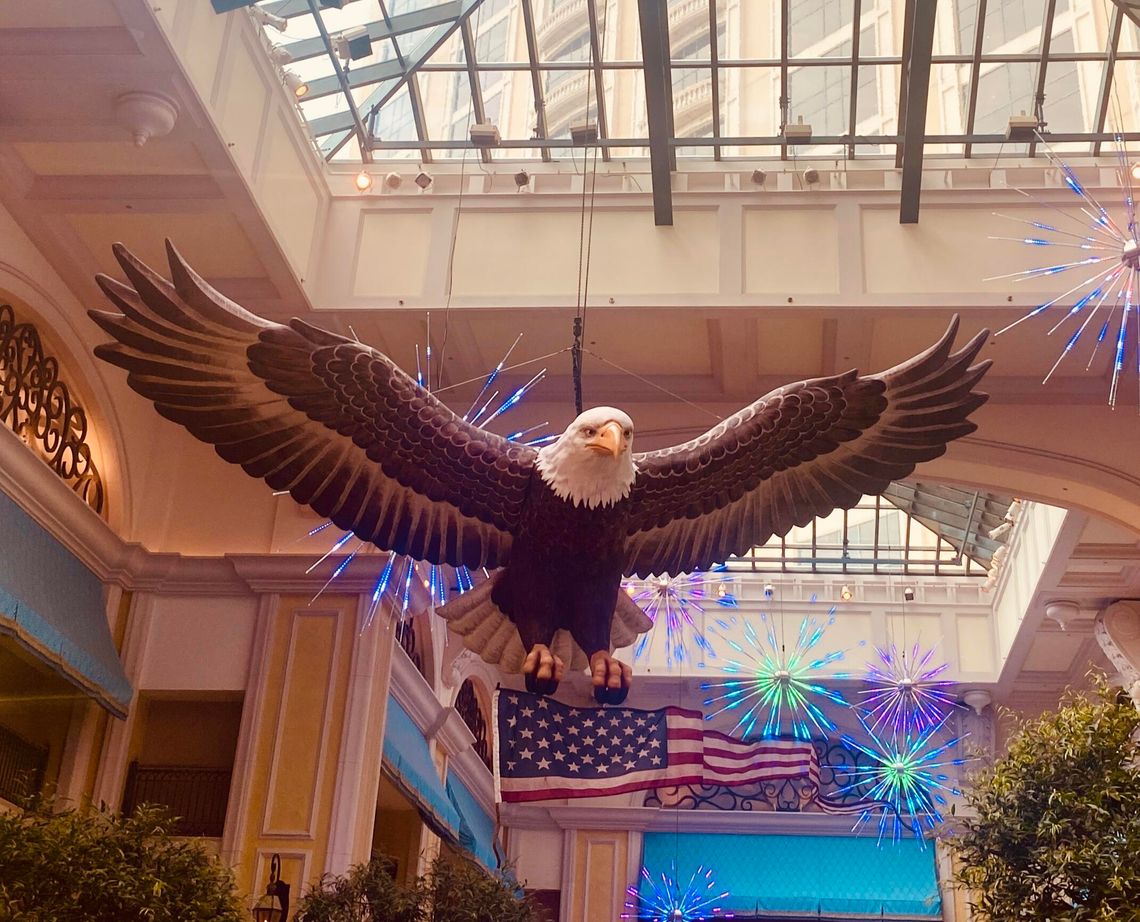 A majestic bald eagle hovers over the lobby and atrium at the Beau Rivage Resort and Casino in Biloxi; just one of the many patriotic symbols on display in advance of America’s 250th birthday on July 4.