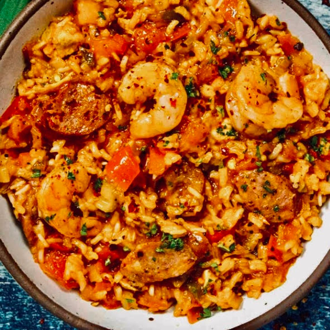 One-Pan Jambalaya is filled with meat, seafood, vegetables and rice. It's the perfect hearty winter (and Mardi Gras!) dinner.