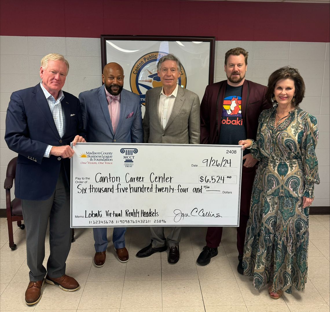 Pictured left to right are Barney Daly, Community Bank of MS; Michael Ellis, Canton Career Center Director; Kevin Loud, Lobaki CEO; Vinny Jordan, Lobaki Director of Development; Jan Collins, MCBLF Executive Director.