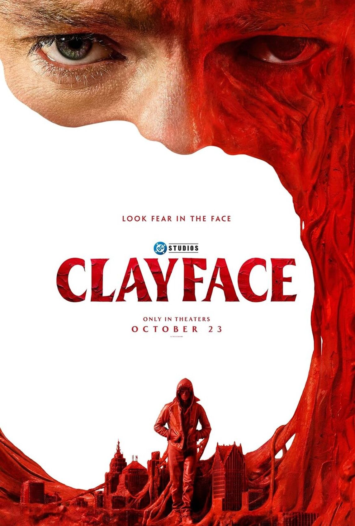 Movie Review: “Clayface” Movie poster for Clayface showing a man’s face half covered in red clay