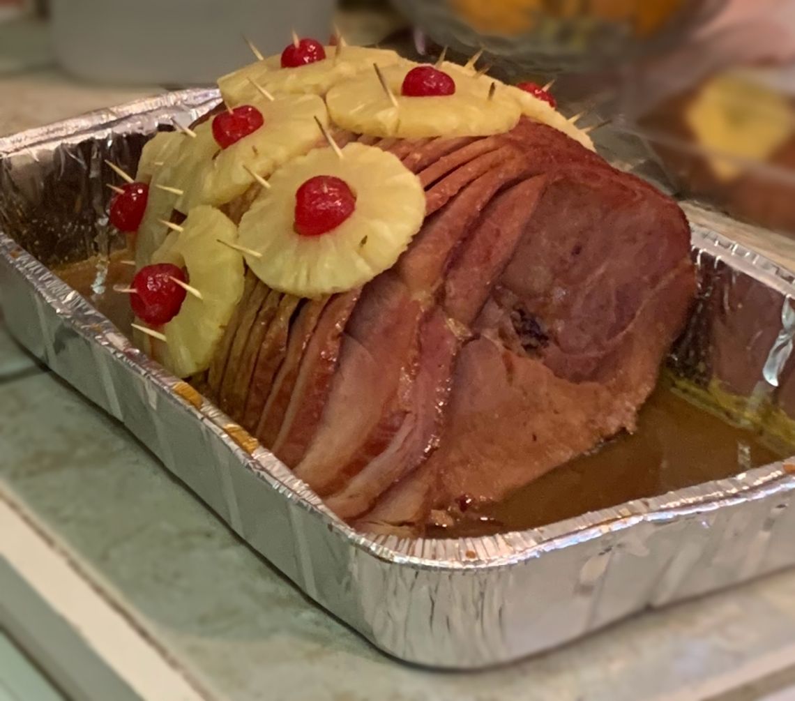 on the table:  Brown Sugar Glazed Ham  